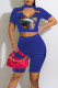 Blue Casual Print Hollowed Out Patchwork O Neck Short Sleeve Two Pieces
