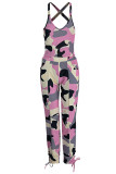Blue Sexy Print Patchwork U Neck Sleeveless Two Pieces