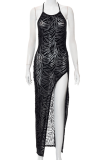 Black Sexy Animal Print High Opening Halter Pencil Skirt Dresses