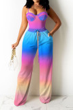 Pink Sexy Gradual Change Print Patchwork Spaghetti Strap Sleeveless Two Pieces