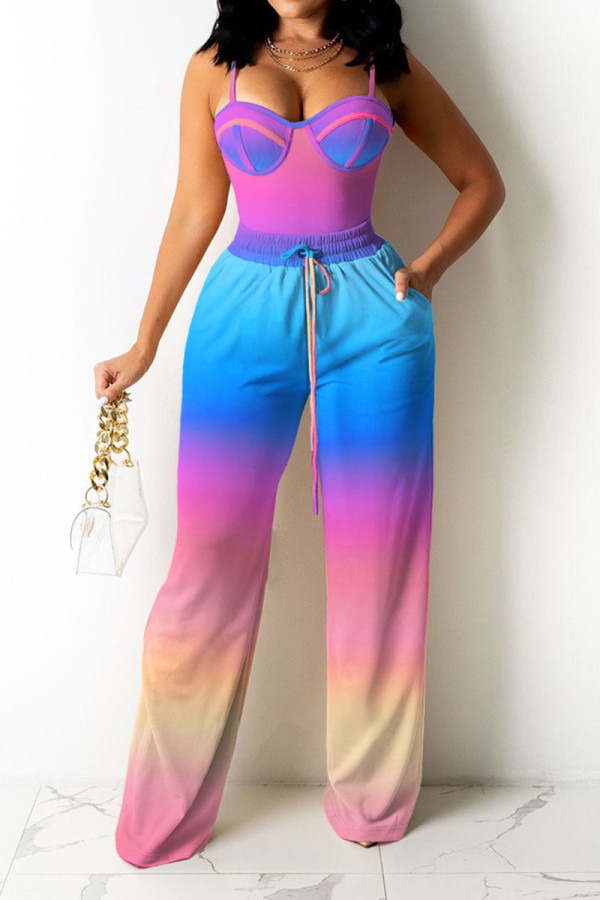 Pink Sexy Gradual Change Print Patchwork Spaghetti Strap Sleeveless Two Pieces