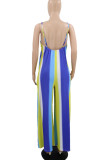 Blue Casual Striped Print Patchwork Spaghetti Strap Straight Jumpsuits