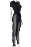 Black Sexy Solid Mesh O Neck Short Sleeve Two Pieces