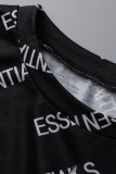 Black Fashion Street Print Patchwork Slit Asymmetrical O Neck T-Shirts
