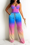 Pink Sexy Gradual Change Print Patchwork Spaghetti Strap Sleeveless Two Pieces