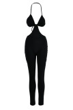 Black Sexy Solid Hollowed Out Split Joint Spaghetti Strap Regular Jumpsuits