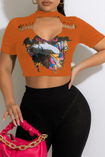 Orange Sexy Print Hollowed Out O Neck T-Shirts