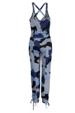 Blue Sexy Print Patchwork U Neck Sleeveless Two Pieces