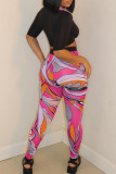 Pink Sexy Print Bandage Patchwork V Neck Short Sleeve Two Pieces
