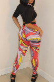 Pink Sexy Print Bandage Patchwork V Neck Short Sleeve Two Pieces
