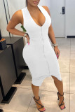 Pink Sexy Solid Patchwork Asymmetrical Zipper V Neck Vest Dress Dresses