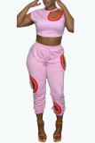 Pink Casual Print Hollowed Out Patchwork O Neck Short Sleeve Two Pieces