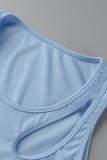 Light Blue Sexy Solid Hollowed Out Split Joint Fold Oblique Collar Sleeveless Two Pieces