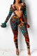 Colour Sexy Print Hollowed Out Split Joint Frenulum Halter Skinny Jumpsuits