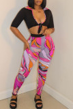 Pink Sexy Print Bandage Patchwork V Neck Short Sleeve Two Pieces