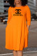 Orange Fashion Elegant Print Letter O Neck A Line Dresses