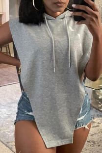 Grey Sexy Solid Draw String Hooded Collar Tops