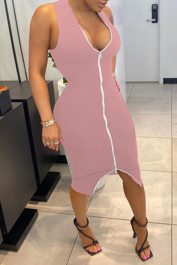Pink Sexy Solid Patchwork Asymmetrical Zipper V Neck Vest Dress Dresses