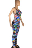 Colour Sexy Street Print Patchwork Backless Spaghetti Strap Regular Jumpsuits