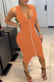 Pink Sexy Solid Patchwork Asymmetrical Zipper V Neck Vest Dress Dresses