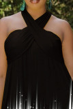 Black Casual Print Patchwork Halter Straight Rompers