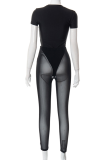 Black Sexy Solid Mesh O Neck Short Sleeve Two Pieces
