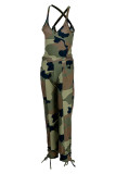 Blue Sexy Print Patchwork U Neck Sleeveless Two Pieces