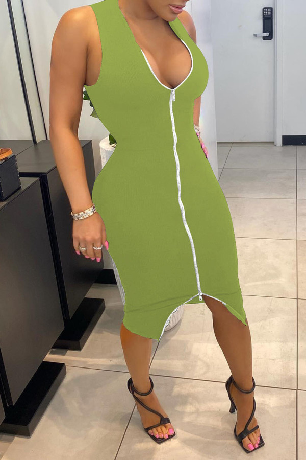 Green Sexy Solid Patchwork Asymmetrical Zipper V Neck Vest Dress Dresses