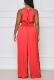Red Sexy Solid Bandage Patchwork O Neck Straight Jumpsuits