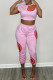 Pink Casual Print Hollowed Out Patchwork O Neck Short Sleeve Two Pieces