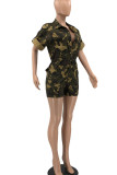 Grey Casual Print Camouflage Print Patchwork Buckle Turndown Collar Straight Rompers