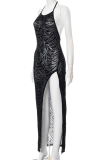 Black Sexy Animal Print High Opening Halter Pencil Skirt Dresses