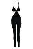 Blue Sexy Solid Hollowed Out Split Joint Spaghetti Strap Regular Jumpsuits