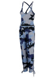 Blue Sexy Print Patchwork U Neck Sleeveless Two Pieces
