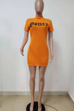 Tangerine Red Casual Print Patchwork O Neck One Step Skirt Dresses