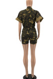 Grey Casual Print Camouflage Print Patchwork Buckle Turndown Collar Straight Rompers
