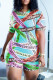 Baby Blue Fashion Casual Print Letter O Neck Short Sleeve Plus Size Two Pieces