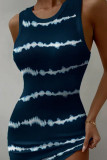 Blue Pink Casual Print Patchwork O Neck Pencil Skirt Dresses