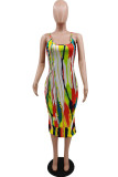 Orange Fashion Sexy adult White Green Light Blue Spaghetti Strap Sleeveless Square Step Skirt Mid-Calf Print Patchwork backless Tie and dye Dresses