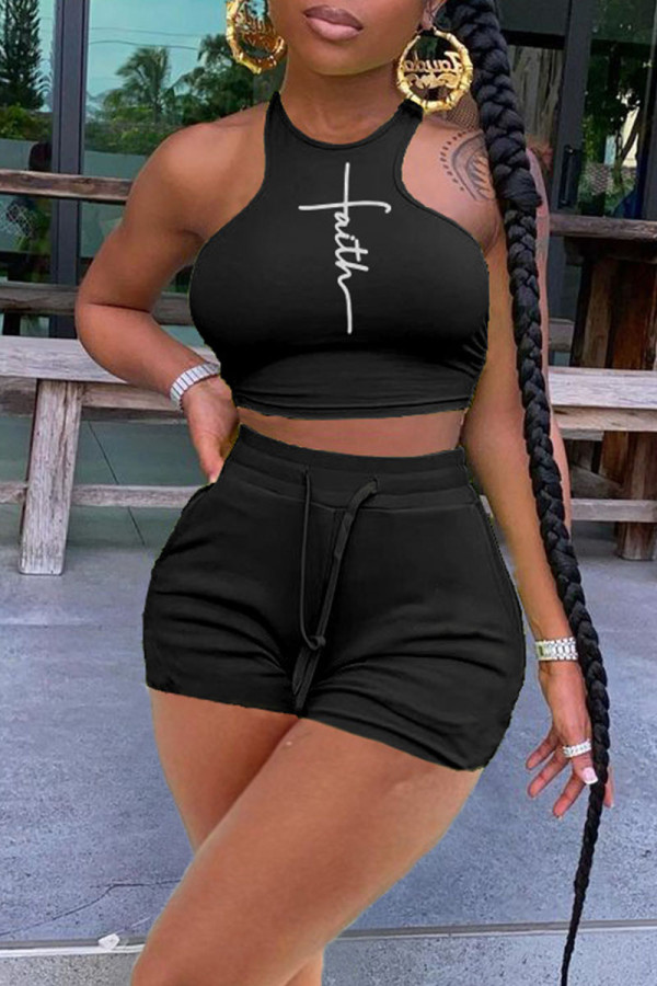 Black Sexy Print Patchwork O Neck Sleeveless Two Pieces