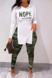 Green Casual Print Slit Letter O Neck Long Sleeve Two Pieces