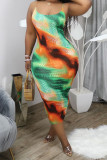 Orange Fashion Sexy adult White Green Light Blue Spaghetti Strap Sleeveless Square Step Skirt Mid-Calf Print Patchwork backless Tie and dye Dresses