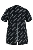 Black Fashion Street Print Patchwork Slit Asymmetrical O Neck T-Shirts