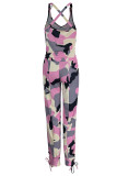 Blue Sexy Print Patchwork U Neck Sleeveless Two Pieces