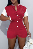 Red Casual Solid Patchwork Buckle Mandarin Collar Regular Rompers
