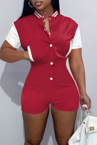 Red Casual Solid Patchwork Buckle Mandarin Collar Regular Jumpsuits