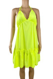 Fluorescent Green Sexy Solid Patchwork Halter A Line Dresses