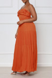 Tangerine Red Sexy Solid Bandage Split Joint Backless Stringy Selvedge Spaghetti Strap Straight Dresses
