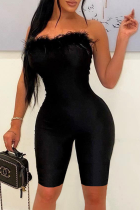 Black Sexy Solid Feathers Strapless Skinny Jumpsuits