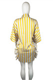 Light Blue Fashion Casual Striped Print Split Joint Turndown Collar Shirt Dress Dresses